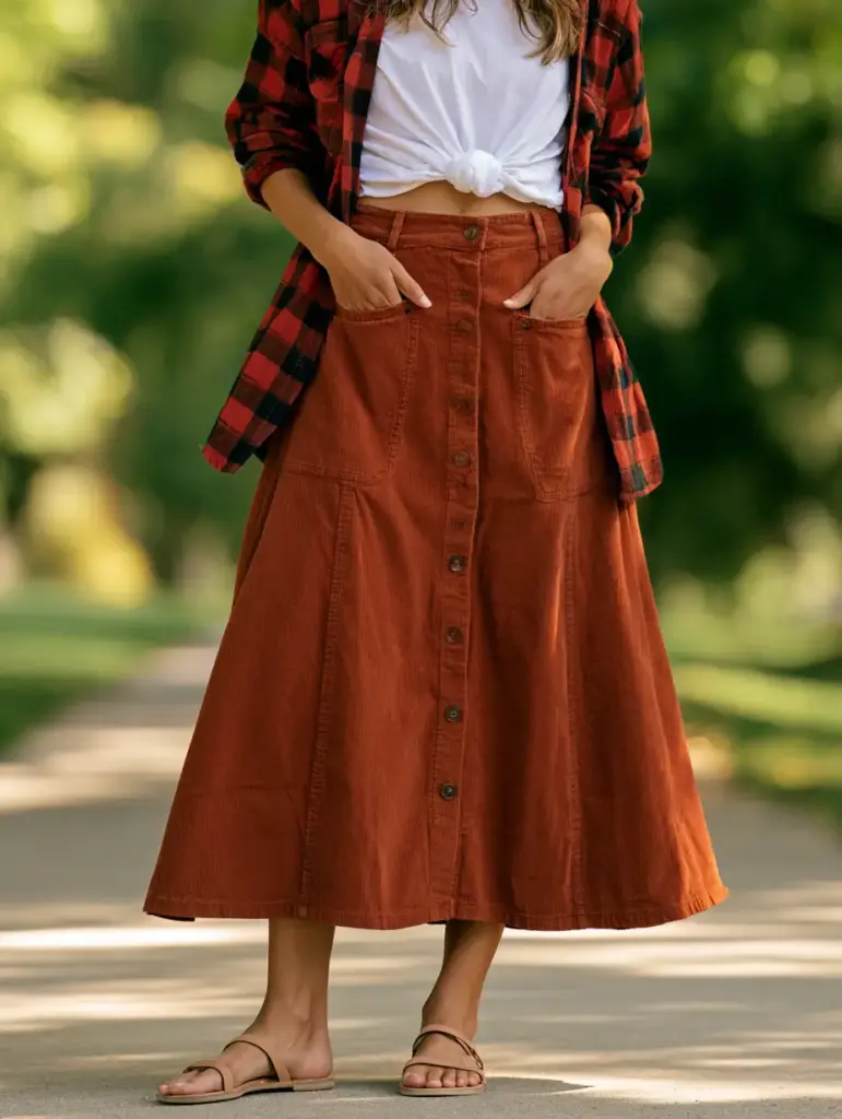 A stylish young woman wearing a terracotta corduroy skirt and a plaid shirt in a park, representing the modest boutiques aesthetic.