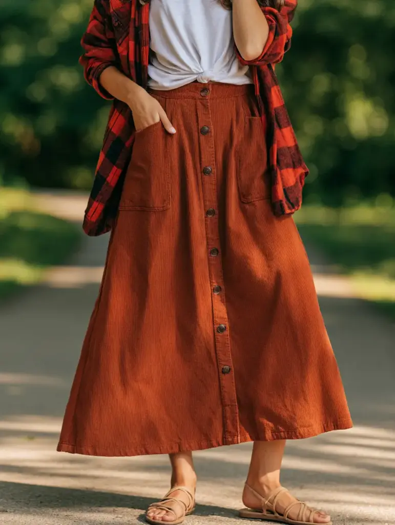 Modest Boutiques Inspired Terracotta Red Velvet Corduroy Cake 1 Detailed shot of a terracotta corduroy button-front skirt with patch pockets, embodying the style found in modest boutiques.