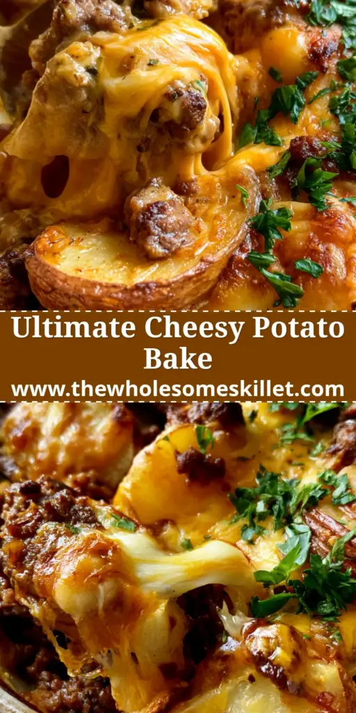 A close-up shot of a cheesy beef potato bake in a white dish featuring a cheese pull and fresh parsley garnish.