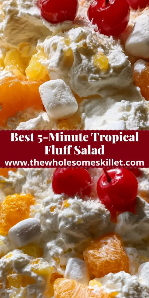Tropical Ambrosia: The Ultimate Fluffy Fruit Salad Recipe 4 A large glass bowl filled with fluffy tropical ambrosia fruit salad featuring mandarin oranges, marshmallows, and cherries with stems.