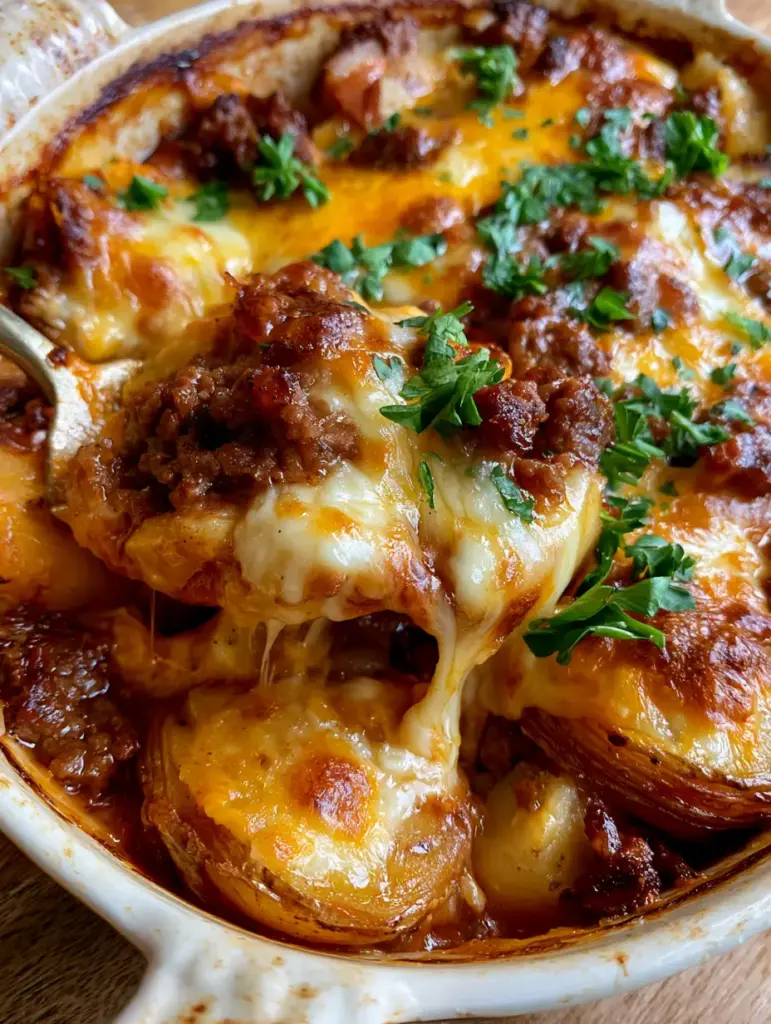 Top-down view of a golden-brown cheesy beef potato bake with bubbly cheddar cheese and vibrant green parsley.