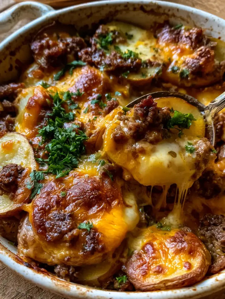 A rustic white dish filled with a steaming cheesy beef potato bake, showcasing prominent layers of thinly sliced potatoes and ground beef.