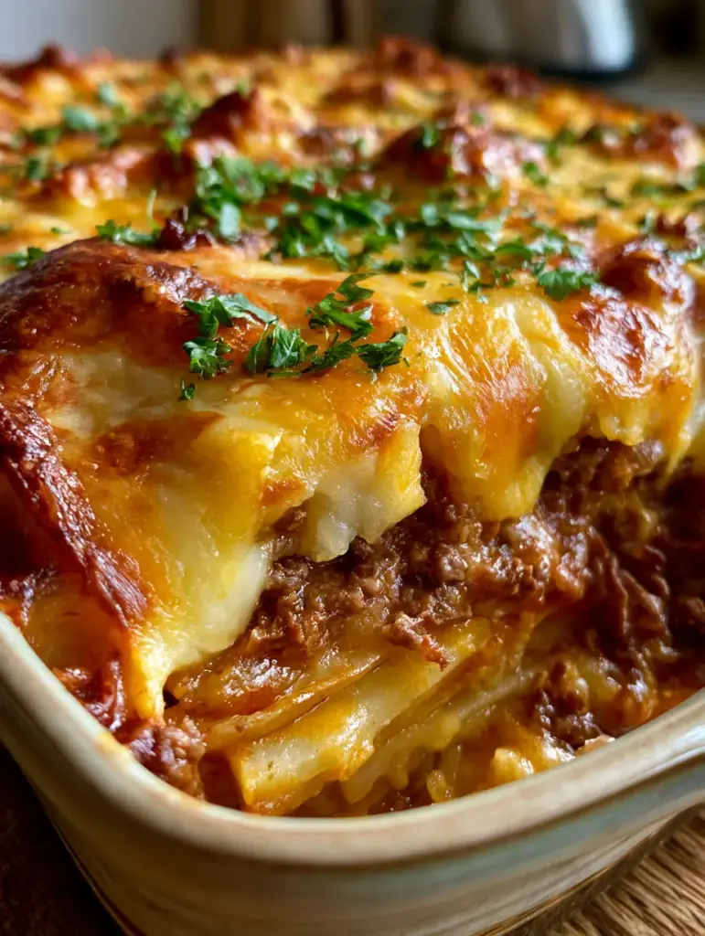 Close-up of a cheesy beef potato casserole showing gooey melted cheese and distinct layers of meat and potatoes.
