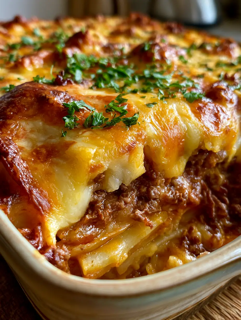 Cheesy Beef Potato Casserole: The Ultimate Layered Comfort Food Guide 3 Close-up of a cheesy beef potato casserole showing gooey melted cheese and distinct layers of meat and potatoes.