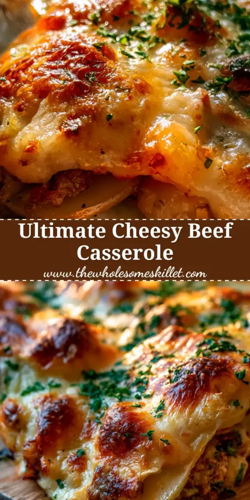 Cheesy Beef Potato Bake: The Ultimate Comfort Casserole With A Golden Crust 4 A close-up shot of a cheesy beef potato bake on a rustic wooden board, showing bubbling golden cheese and fresh green herbs.
