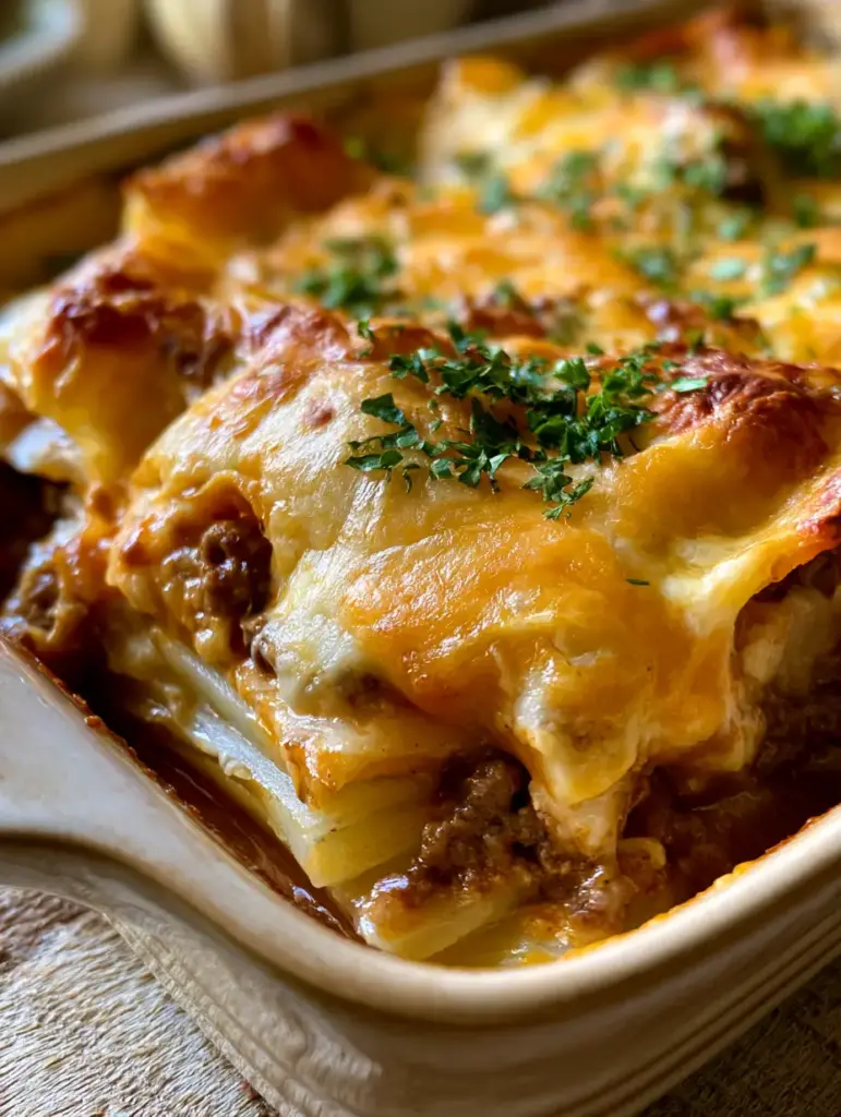 Cheesy Beef Potato Casserole: The Ultimate Layered Comfort Food Guide 1 Horizontal shot of a rustic cheesy beef potato casserole fresh from the oven, garnished with parsley.