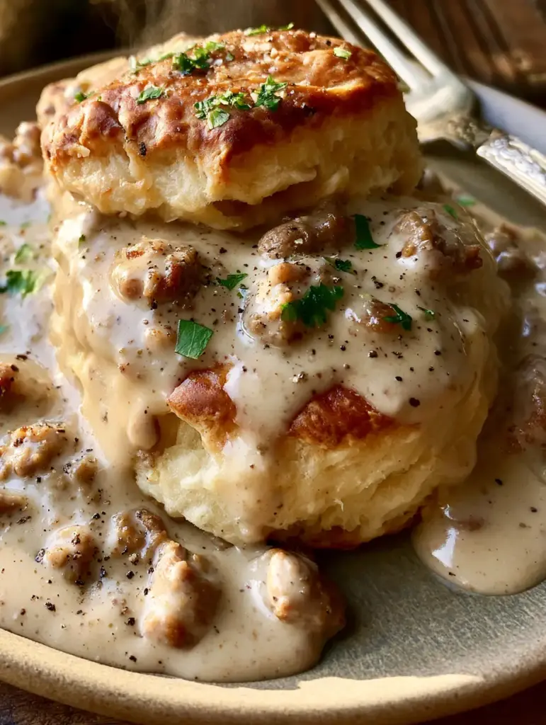 Top-down close-up of golden brown biscuits drenched in glistening sausage gravy with fresh parsley. (sausage gravy biscuits)