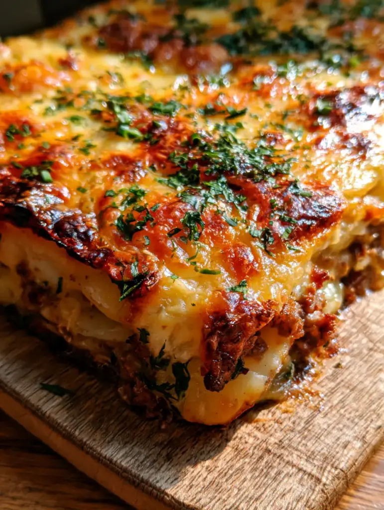 Cheesy Beef Potato Bake: The Ultimate Comfort Casserole With A Golden Crust 1 Steam rising from a fresh cheesy beef potato bake with caramelized edges and fresh parsley.