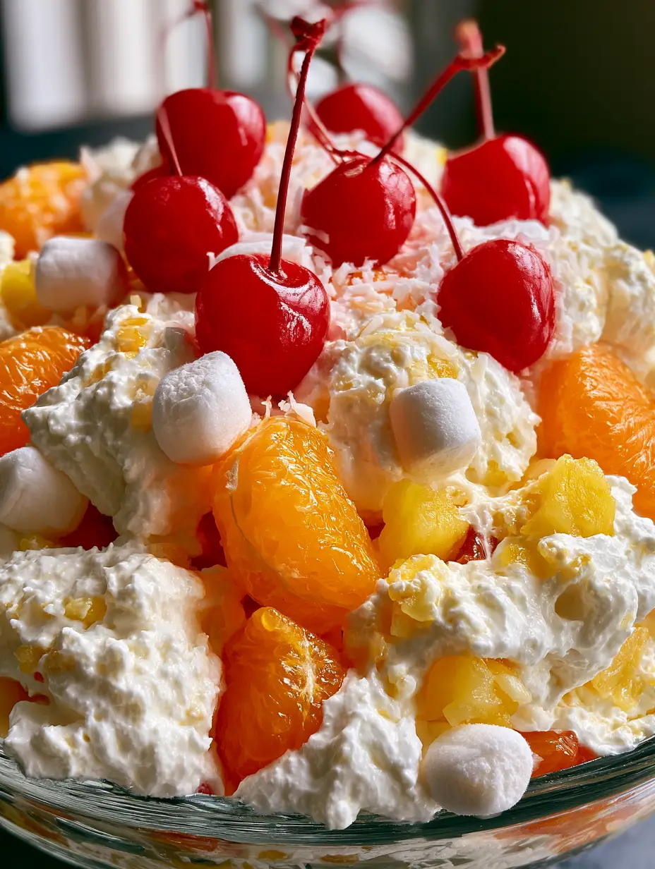 Tropical Ambrosia: The Ultimate Fluffy Fruit Salad Recipe 3 Close up photo of tropical ambrosia showing thick whipped cream clouds and vibrant mandarin segments.