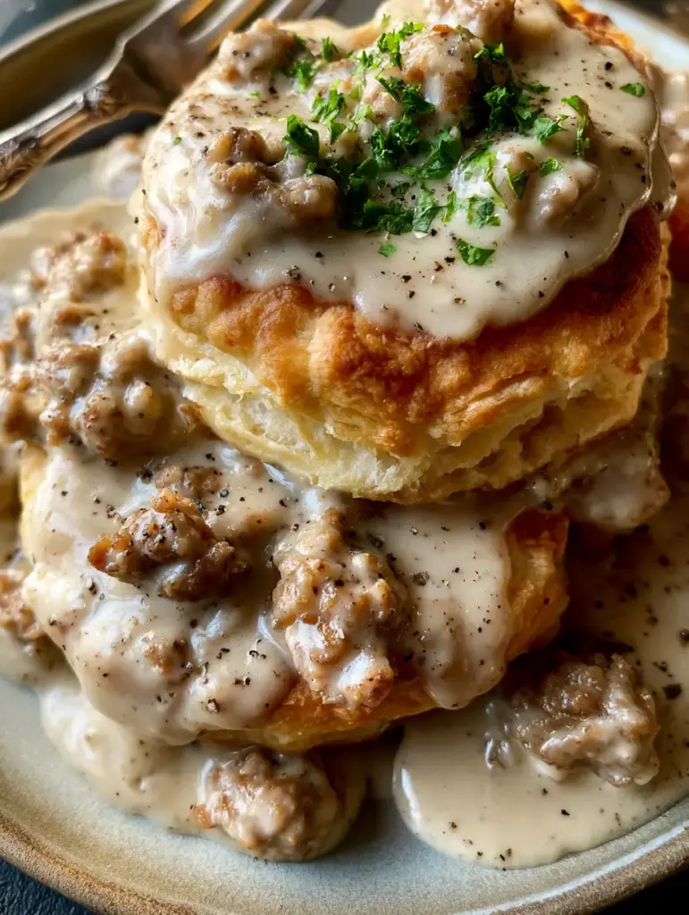 Steaming hot sausage gravy biscuits on a matte ceramic plate with a vintage fork in the background. (sausage gravy biscuits)