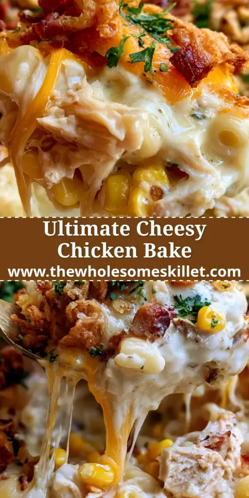 A close-up shot of a cheesy chicken noodle bake with a gooey cheese pull and crispy onion topping.