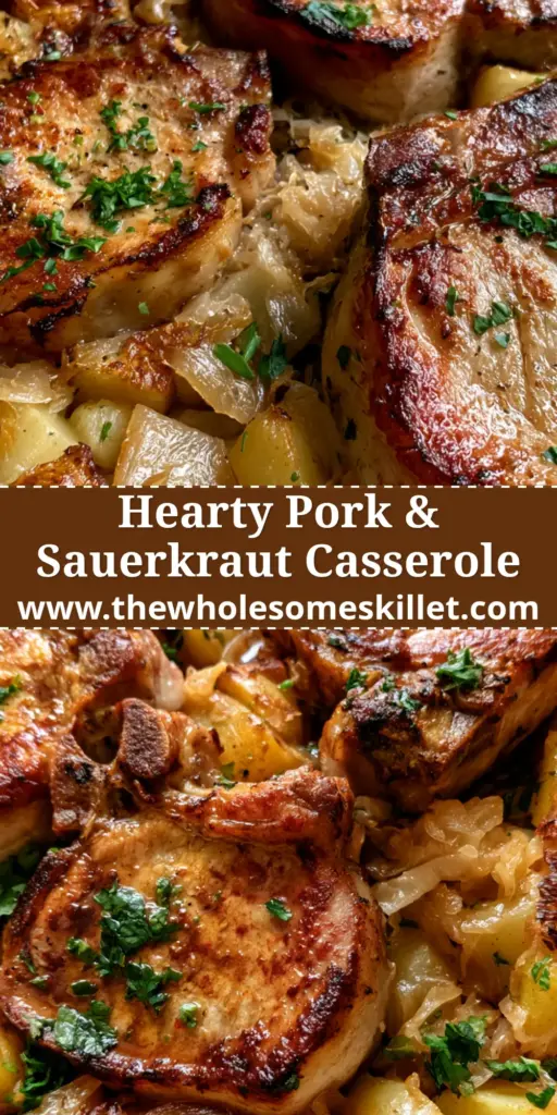 A rustic ceramic baking dish filled with golden-brown pork chops, tangy sauerkraut, and diced yellow potatoes, garnished with parsley. (pork sauerkraut bake)