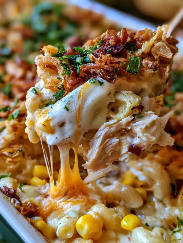 A spoonful of creamy chicken noodle bake showing cheese strings and shredded chicken. (cheesy chicken noodle bake)