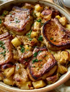 Close-up top-down shot of a rustic pork sauerkraut bake showing glistening pan juices and vibrant sauerkraut.
