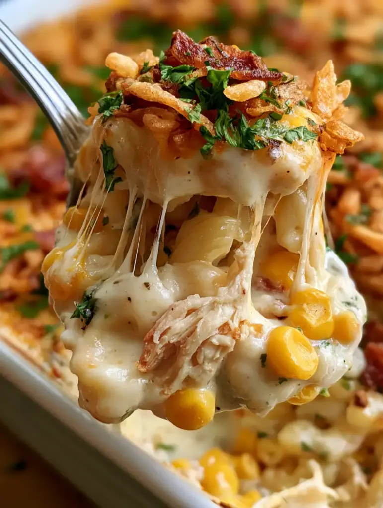 Close-up of the golden-brown crispy onion and bacon topping on a cheesy chicken noodle bake.