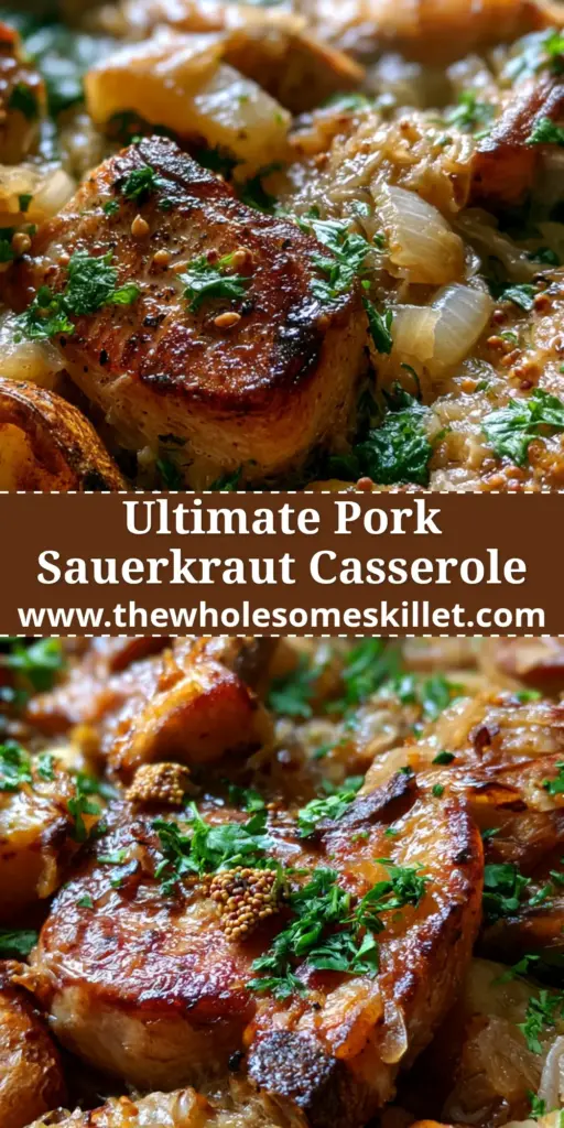 Pork Sauerkraut Casserole with Golden Roasted Potatoes 4 A rustic ceramic dish filled with seared pork chops, glossy sauerkraut, and golden potatoes, garnished with parsley and mustard seeds. (pork sauerkraut casserole)