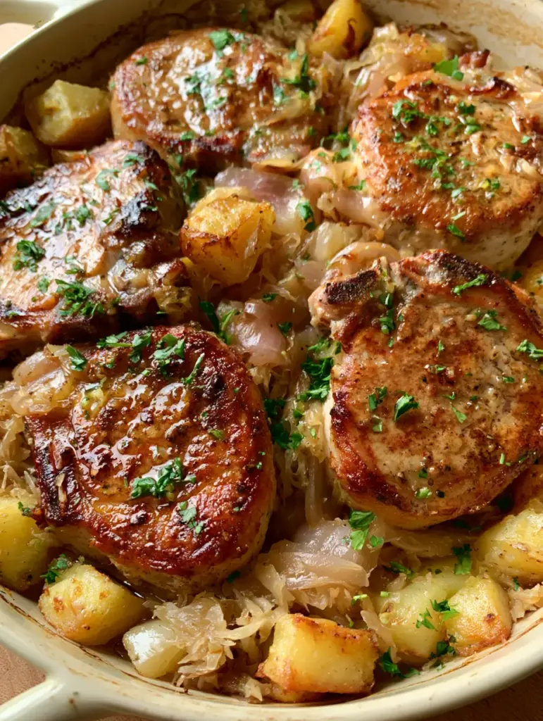 A freshly baked pork sauerkraut bake in a white ceramic dish, steaming with caramelized onions and parsley.