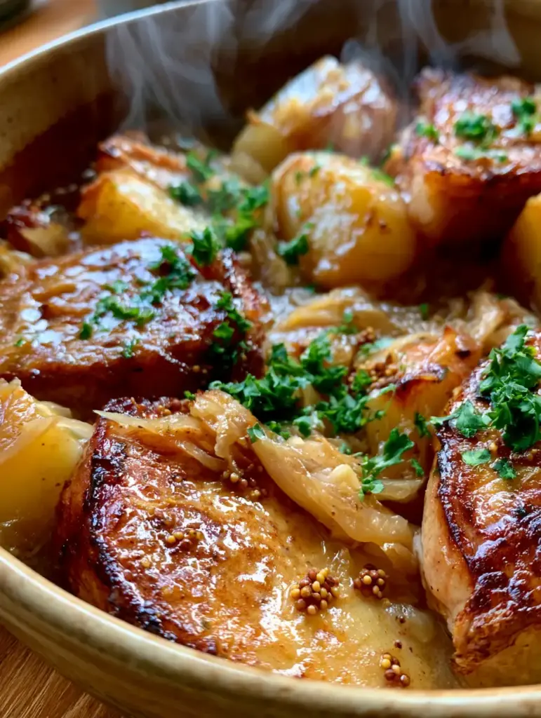 Close-up of golden-brown seared pork chops nestled in tangy sauerkraut and whole grain mustard seeds. (pork sauerkraut casserole)