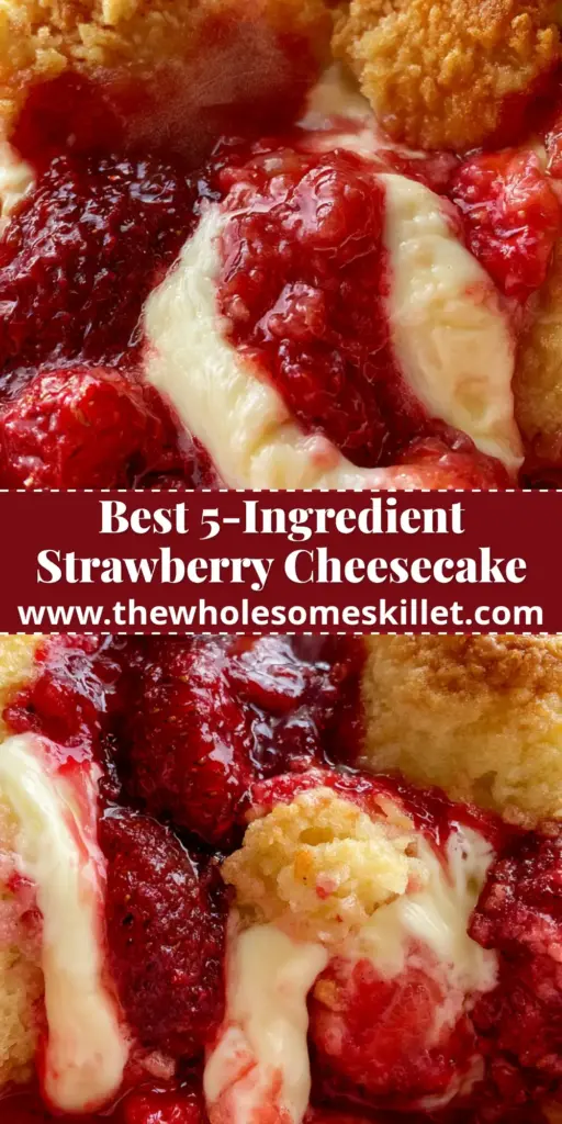 Strawberry Cheesecake Dump Cake 4 A close-up vertical shot of a strawberry cheesecake dump cake with a deep scoop removed, showing bubbling red syrup and cream cheese swirls. (strawberry cheesecake dump cake)