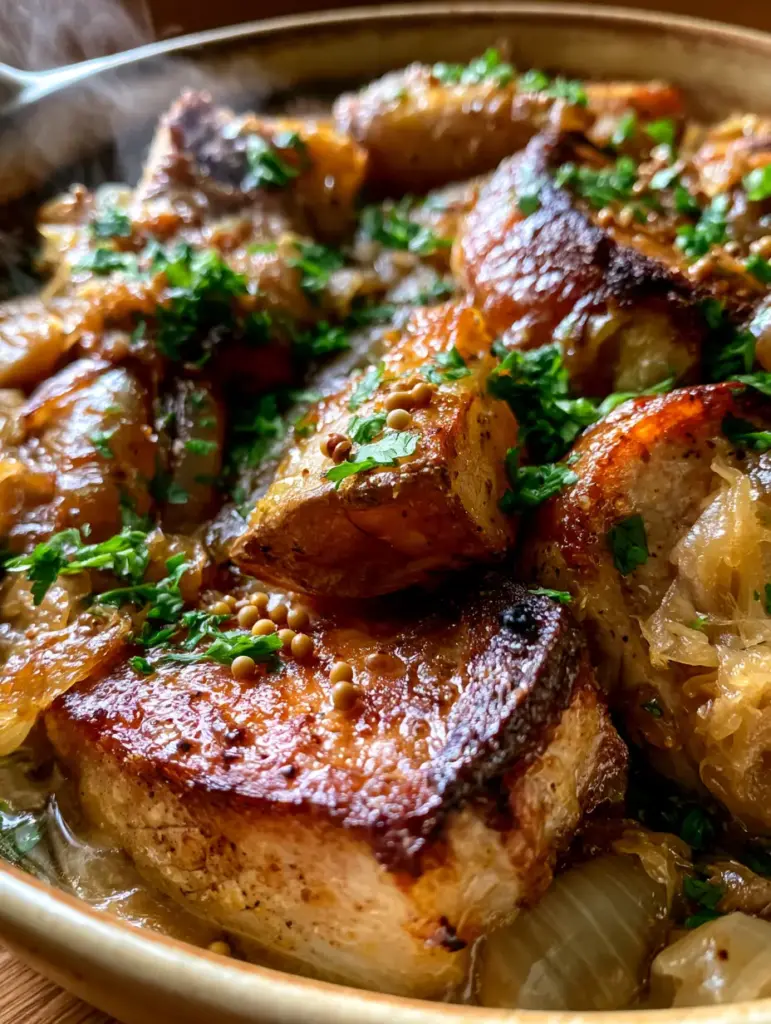 Pork Sauerkraut Casserole with Golden Roasted Potatoes 1 Eye-level shot of the layered casserole showing roasted potatoes and caramelized onions underneath the pork and kraut.