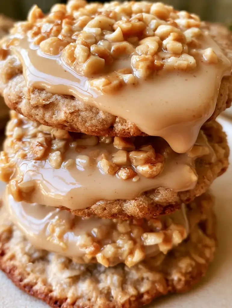 Detail shot of a stack of cookies with a subtle glaze drip down the side and visible oat texture on the golden-brown edges.