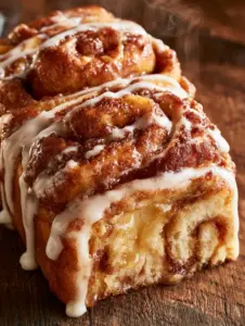 Overhead shot of warm cinnamon bread with icing drizzle and steam. (Best of The Fervent Mama)