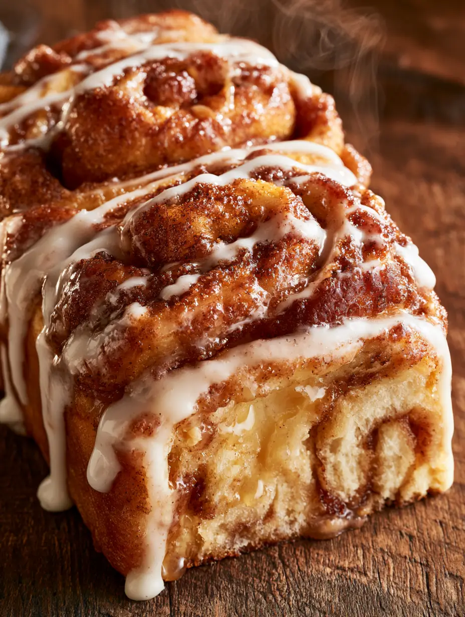 Overhead shot of warm cinnamon bread with icing drizzle and steam. (Best of The Fervent Mama)