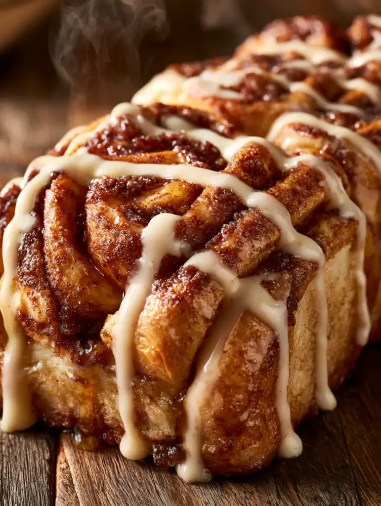 Close-up of icing cascading down the sides of a cinnamon bread loaf.