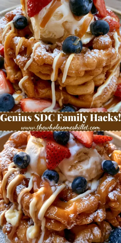 A close up of a gourmet funnel cake stack with melting ice cream and berries. (Advice for the Desperate Mamas)