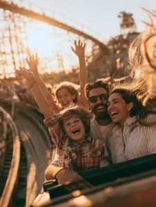 Joyful family of four laughing on a wooden roller coaster during golden hour. (The Fervent Mama)