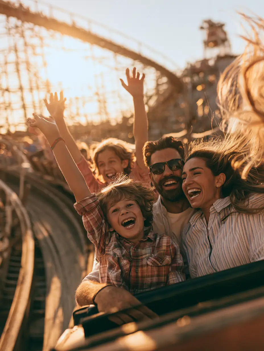 The Fervent Mama’s Ultimate Rustic Theme Park Cinnamon Bread Recipe 3 Joyful family of four laughing on a wooden roller coaster during golden hour. (The Fervent Mama)