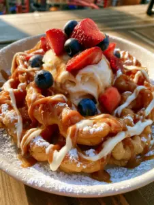 Crispy golden brown funnel cake layers with powdered sugar and rich caramel drizzle. (Advice for the Desperate Mamas)