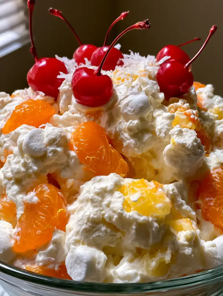 Tropical Ambrosia: The Ultimate Fluffy Fruit Salad Recipe 1 Top view of tropical ambrosia garnished with toasted coconut flakes and bright red maraschino cherries.