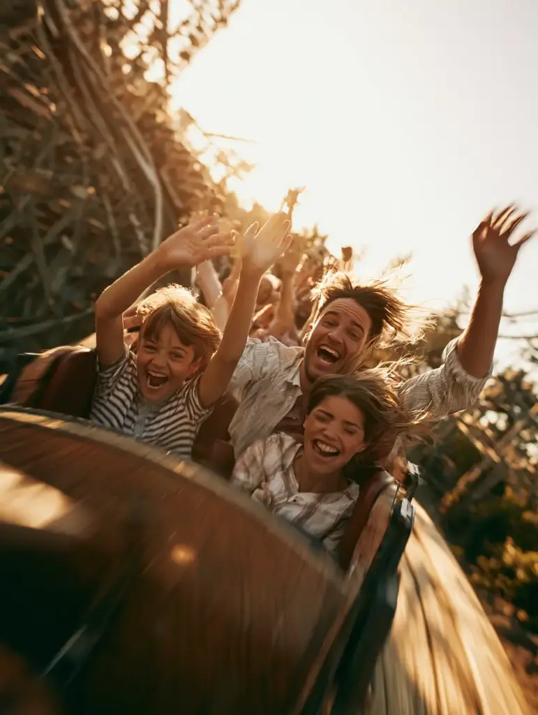 The Fervent Mama’s Ultimate Rustic Theme Park Cinnamon Bread Recipe 1 Candid smartphone shot of a family with hands in the air on a rustic theme park ride.