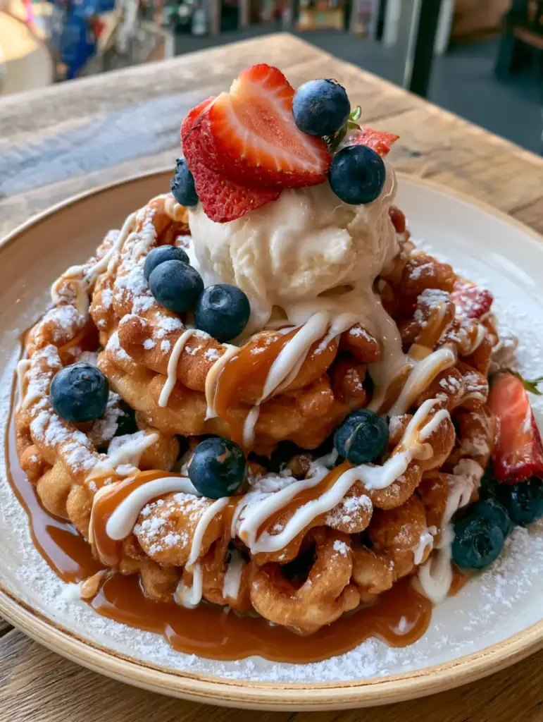 Overhead shot of funnel cake topped with white chocolate, strawberries, and blueberries.