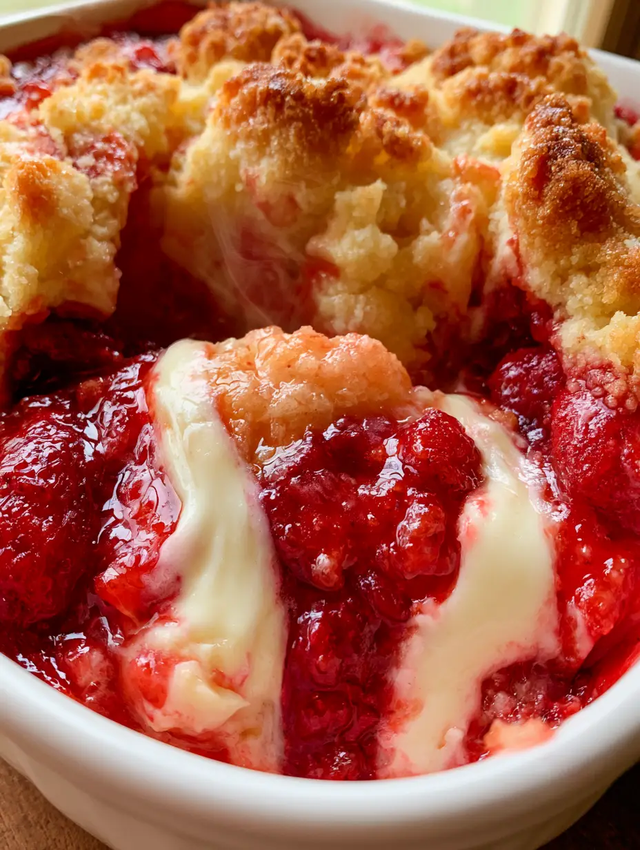 Strawberry Cheesecake Dump Cake 3 Macro shot of a freshly baked strawberry cheesecake dump cake in a white dish with steam rising. (strawberry cheesecake dump cake)