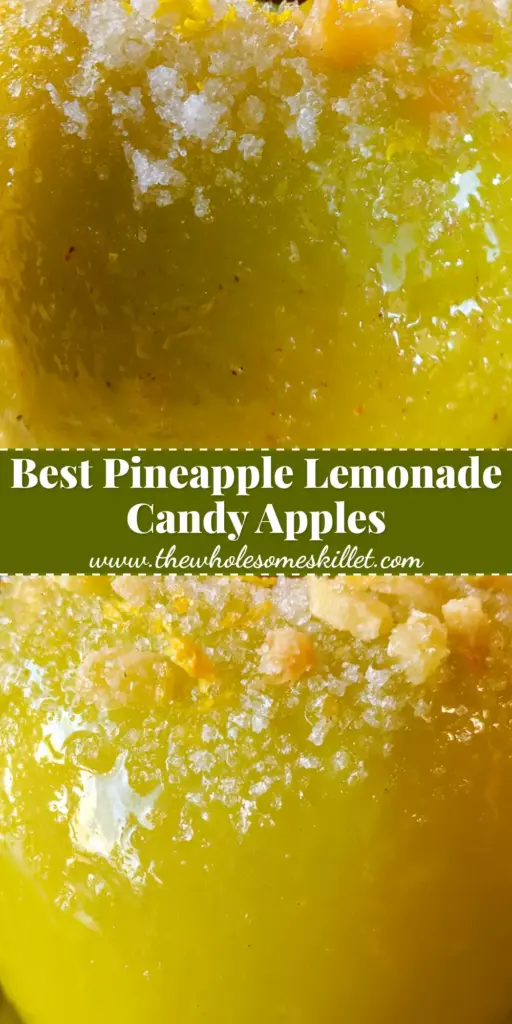 Pineapple Lemonade Glazed Apples: The Ultimate Neon Summer Candy Apple 4 A close-up shot of a single neon-yellow pineapple lemonade glazed apple with sparkly sugar crystals and pineapple bits on top, held by a wooden stick.