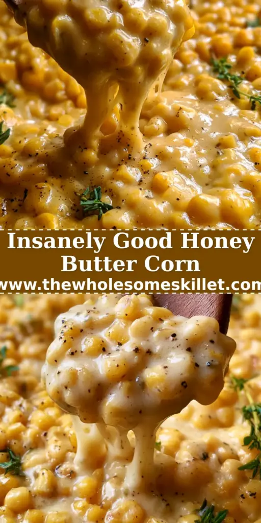 A top-down view of a cast iron skillet filled with creamy honey butter corn, garnished with fresh thyme and cracked black pepper.