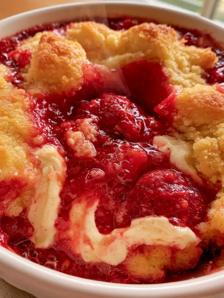Strawberry Cheesecake Dump Cake 1 Ultra close-up of the golden-brown crust and melted cream cheese ribbons in a strawberry cheesecake dump cake.