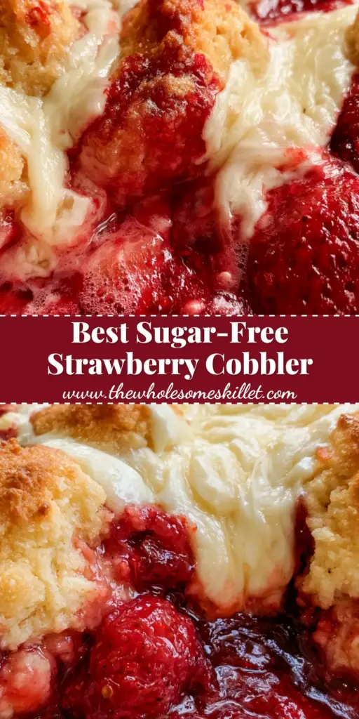 A close-up shot of a keto strawberry cream cheese cobbler in a white dish, showing bubbling red syrup and golden biscuit peaks.