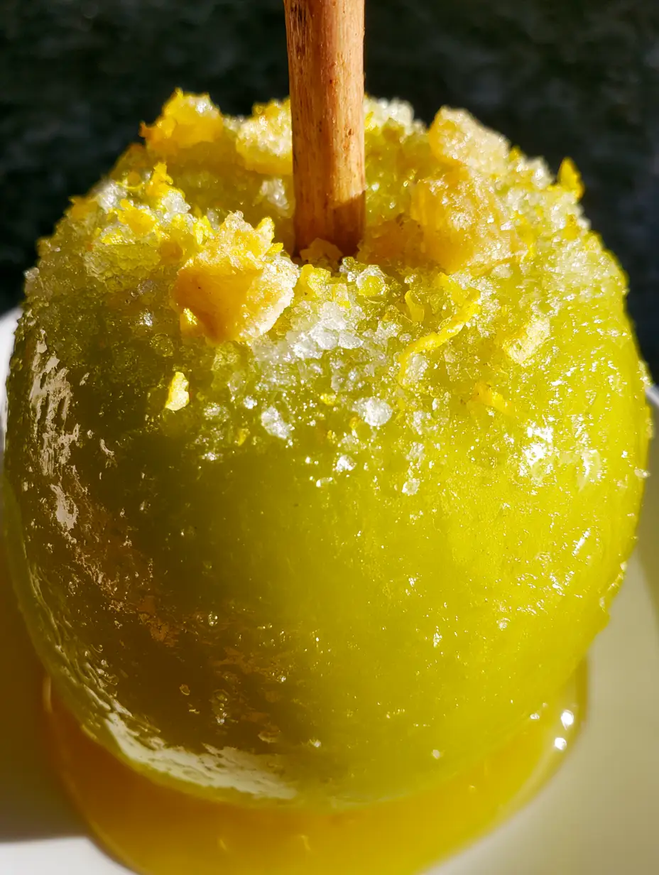 Pineapple Lemonade Glazed Apples: The Ultimate Neon Summer Candy Apple 3 Smartphone photo of a vibrant neon-yellow candy apple with glossy glass-like glaze encrusted with white sugar and lemon zest. (pineapple lemonade glazed apples)
