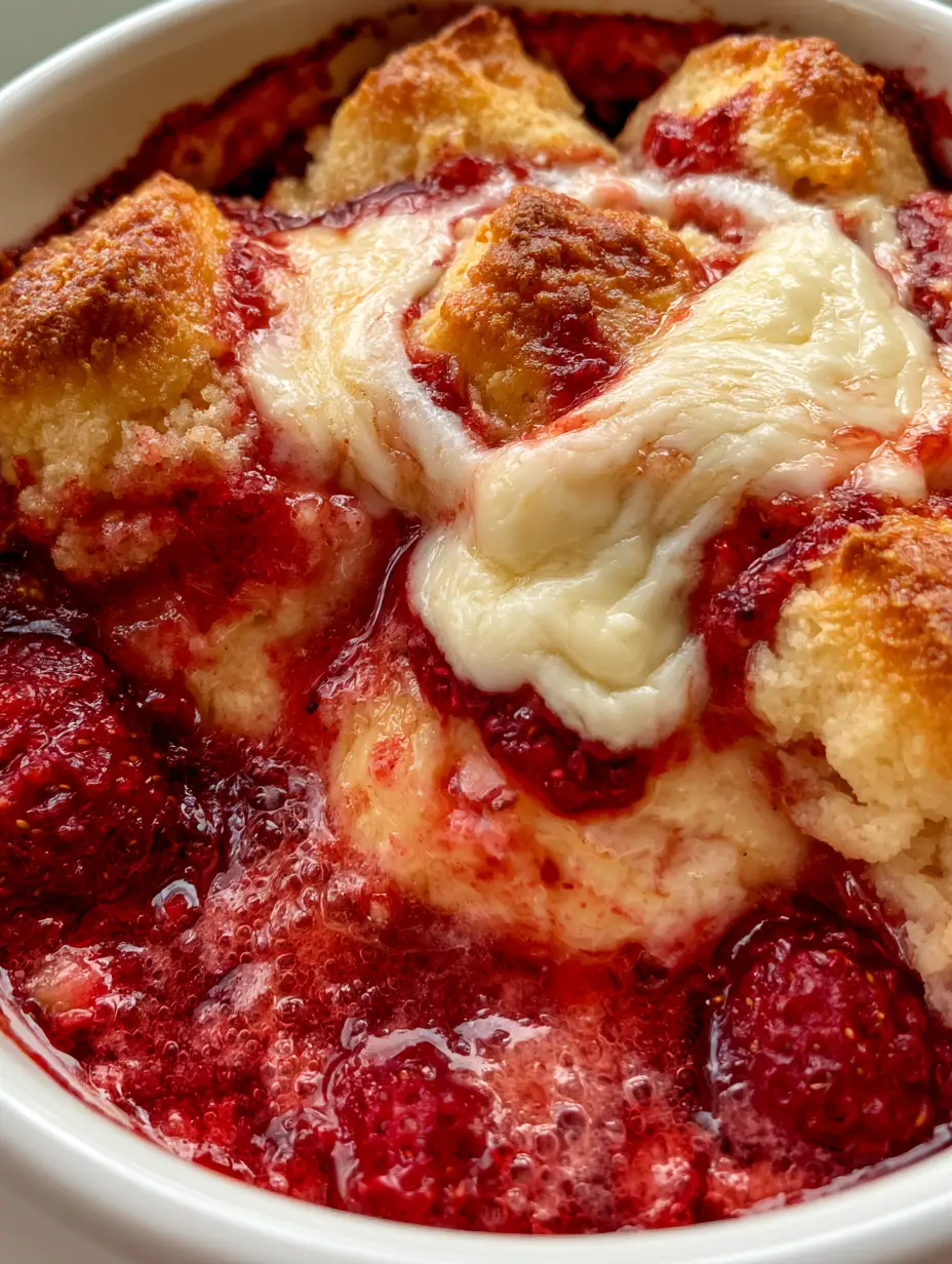 Extreme macro close-up of bubbling ruby-red roasted strawberry syrup and almond flour biscuit peaks. (strawberry cream cheese cobbler)