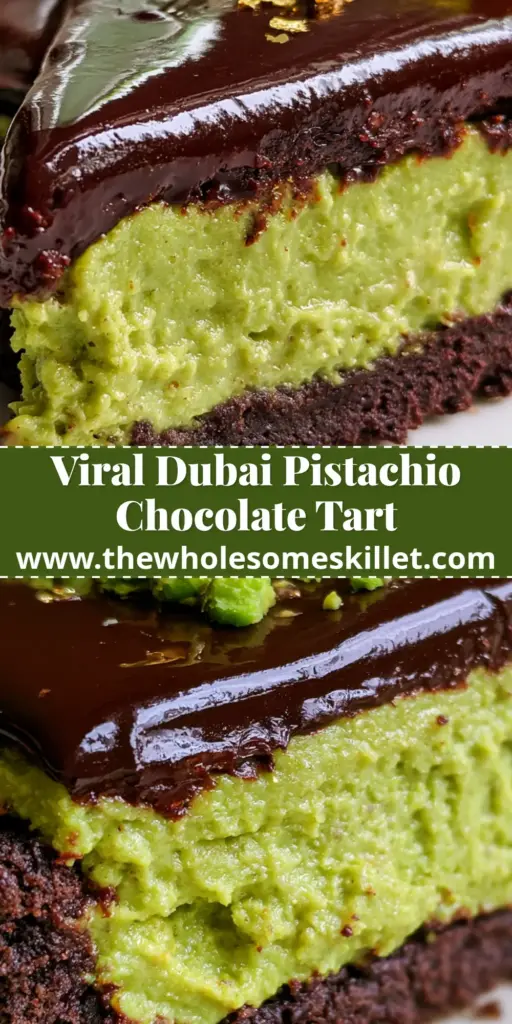 A luxurious Dubai-style pistachio chocolate tart with a dark cocoa crust, neon-green filling, and glossy ganache topped with gold leaf.