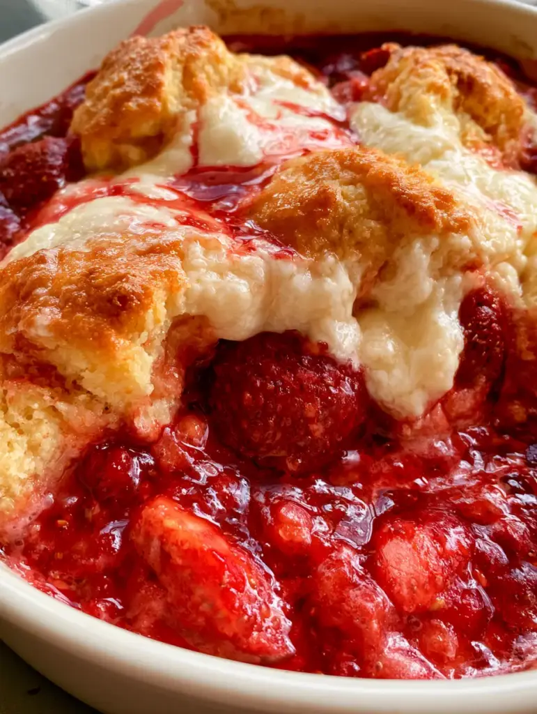A smartphone photo showing melted swirls of rich white cream cheese nestled between golden-brown biscuit peaks. (strawberry cream cheese cobbler)