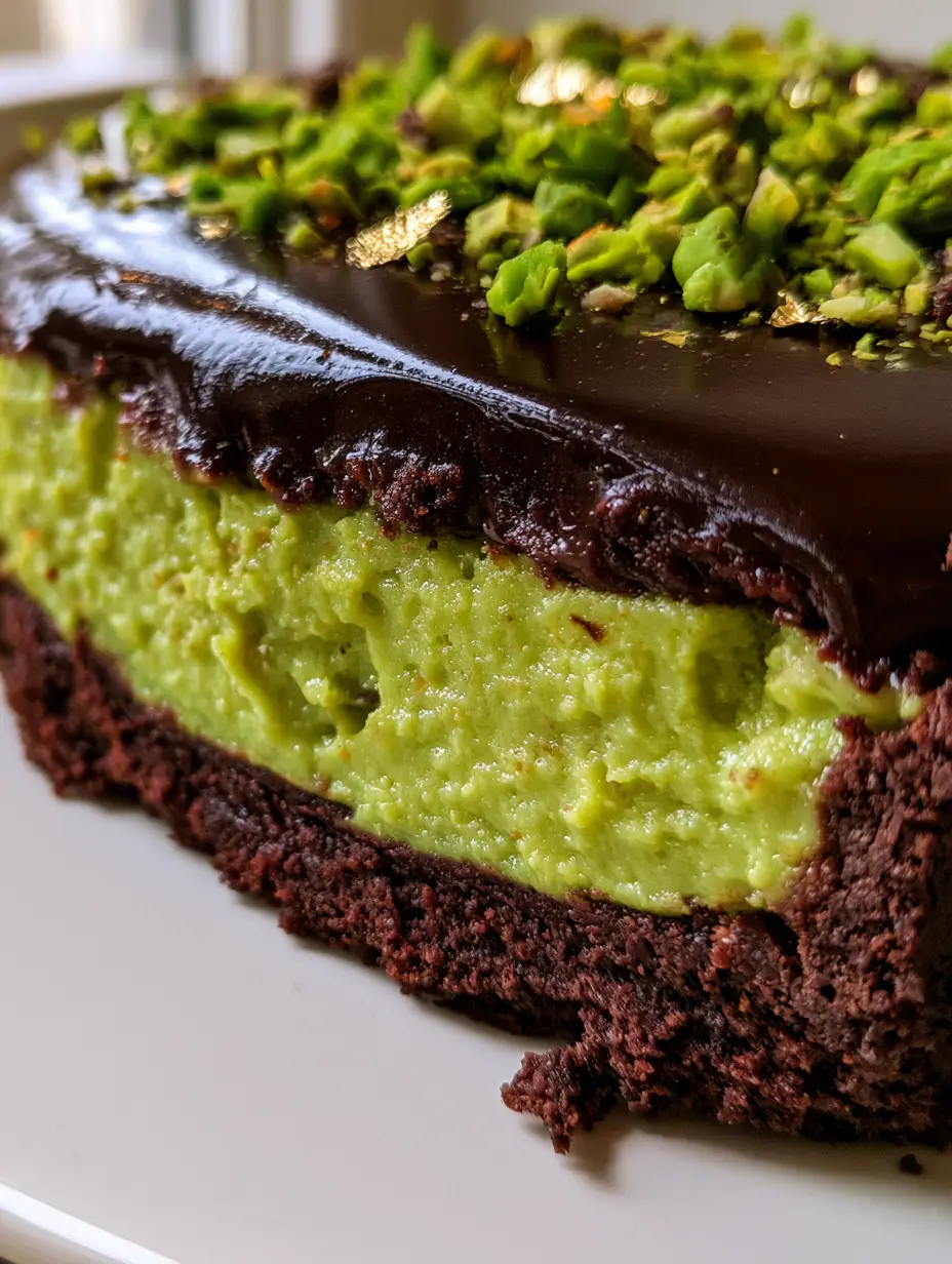 Close-up side profile of a pistachio chocolate tart slice showing the thick cocoa crust and vibrant green praline layer.