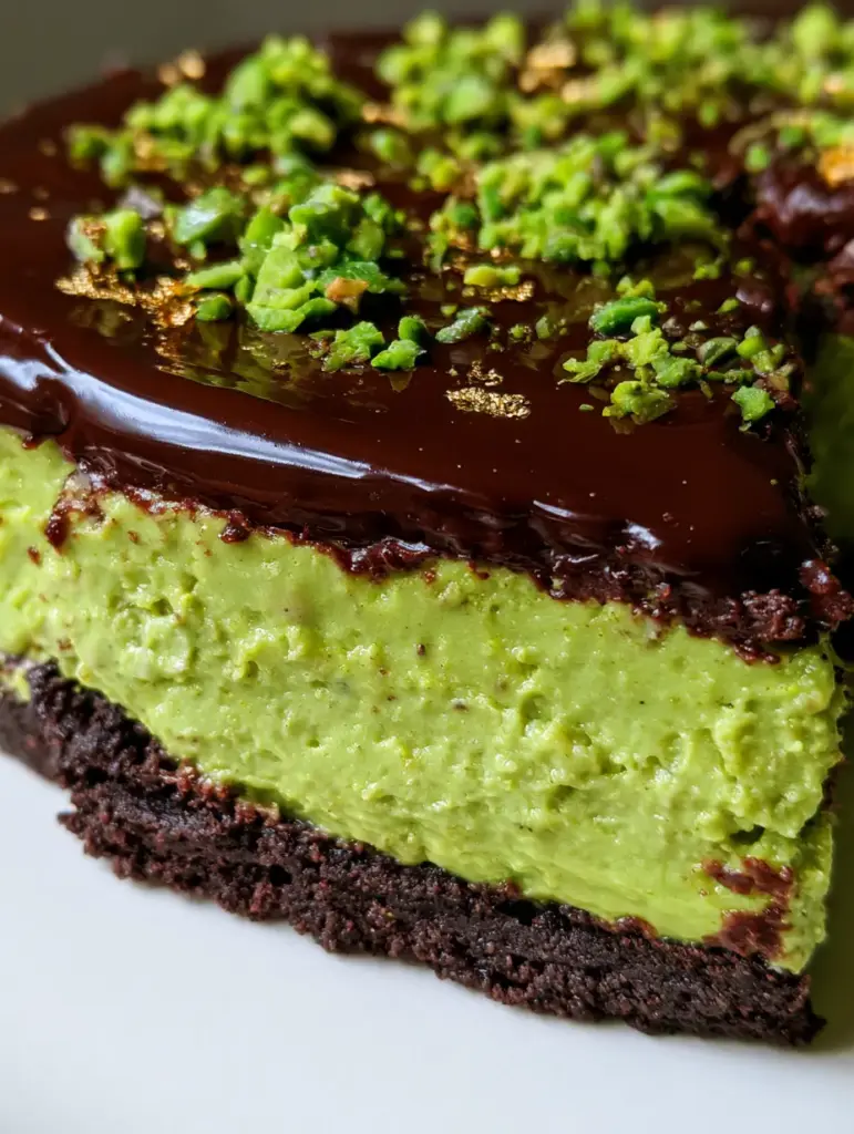 Top view of a glossy dark chocolate ganache glaze on a pistachio tart decorated with crushed nuts and gold flakes.