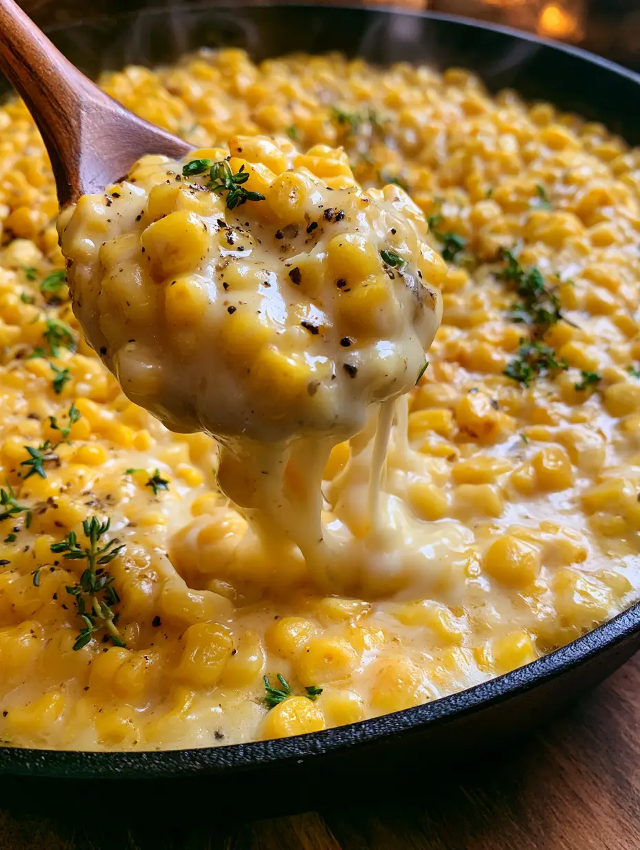 A handheld smartphone photo showing a wooden spoon lifting a serving of honey butter corn with thick drips of cream and steam rising.
