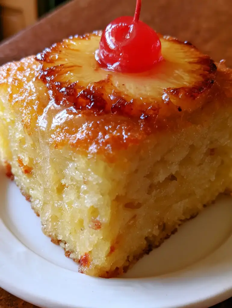 Pineapple Bread Recipe with a Caramelized Ring Topping and Clear Glaze 2 A close-up handheld photo of a warm slice of pineapple bread with a clear glaze dripping down the side.