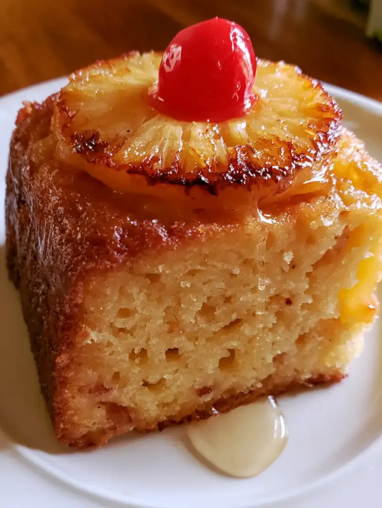 Pineapple Bread Recipe with a Caramelized Ring Topping and Clear Glaze 1 A thick slice of pineapple bread topped with a caramelized pineapple ring and a maraschino cherry on a white plate.