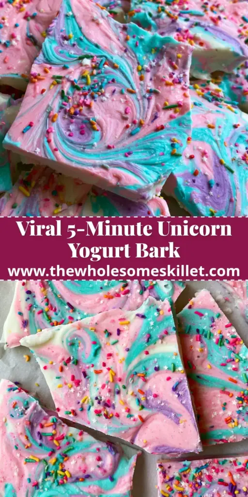Unicorn Yogurt Bark: A Magical Frozen Greek Yogurt Snack 4 A top-down view of shards of unicorn yogurt bark featuring pink, turquoise, and violet swirls on white parchment paper with sprinkles.